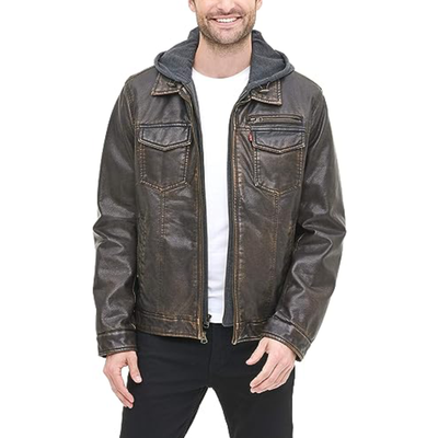 faux-leather jacket with hood 