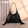Wrangler Womens Fringe Floral Tooled Hobo Bag Black