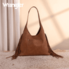 Wrangler Womens Fringe Floral Tooled Hobo Bag Brown