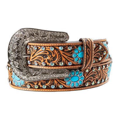 Angel Ranch Womens Leather Floral Conchos Embossed Belt Brown
