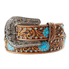 Angel Ranch Womens Leather Floral Conchos Embossed Belt Brown