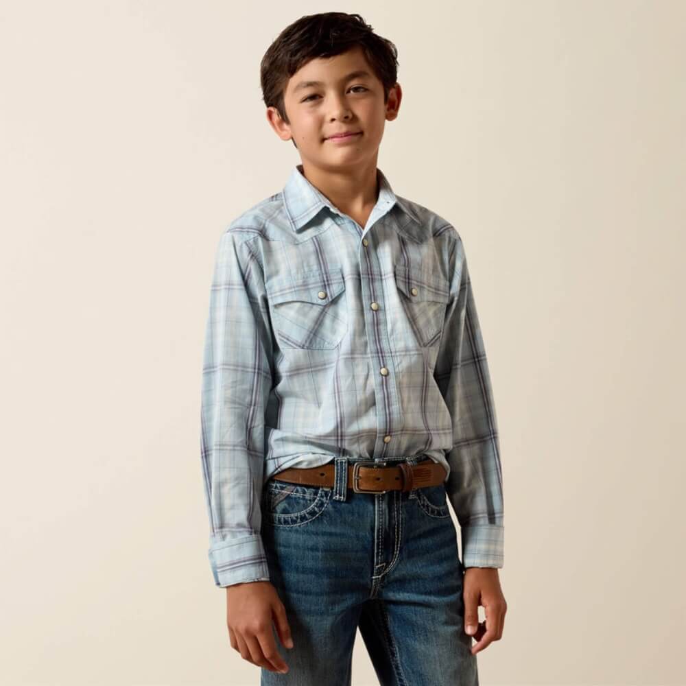 Ariat Boys Retro Heath Snap Shirt Light Blue Shadow Plaid - 10073669