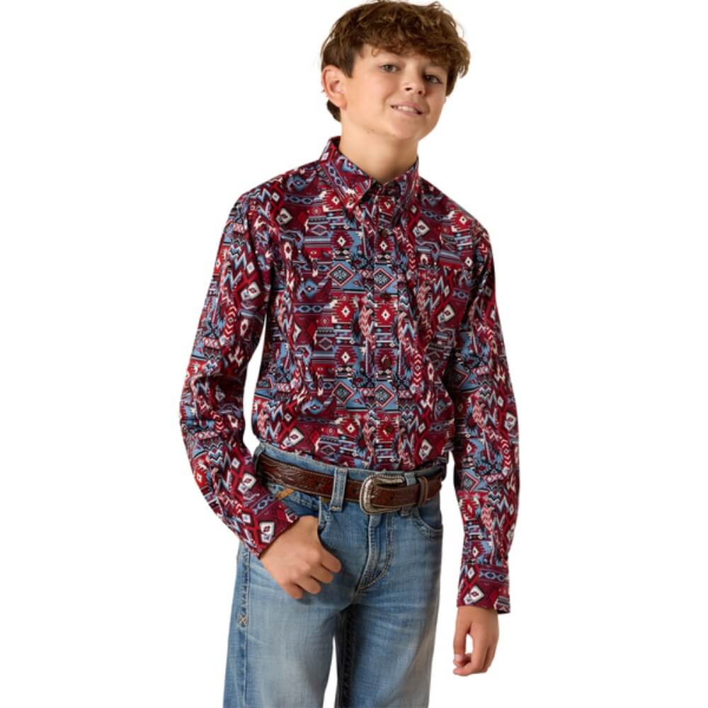 Ariat Boys Trapper Diamond Print Shirt Maroon - 10071681