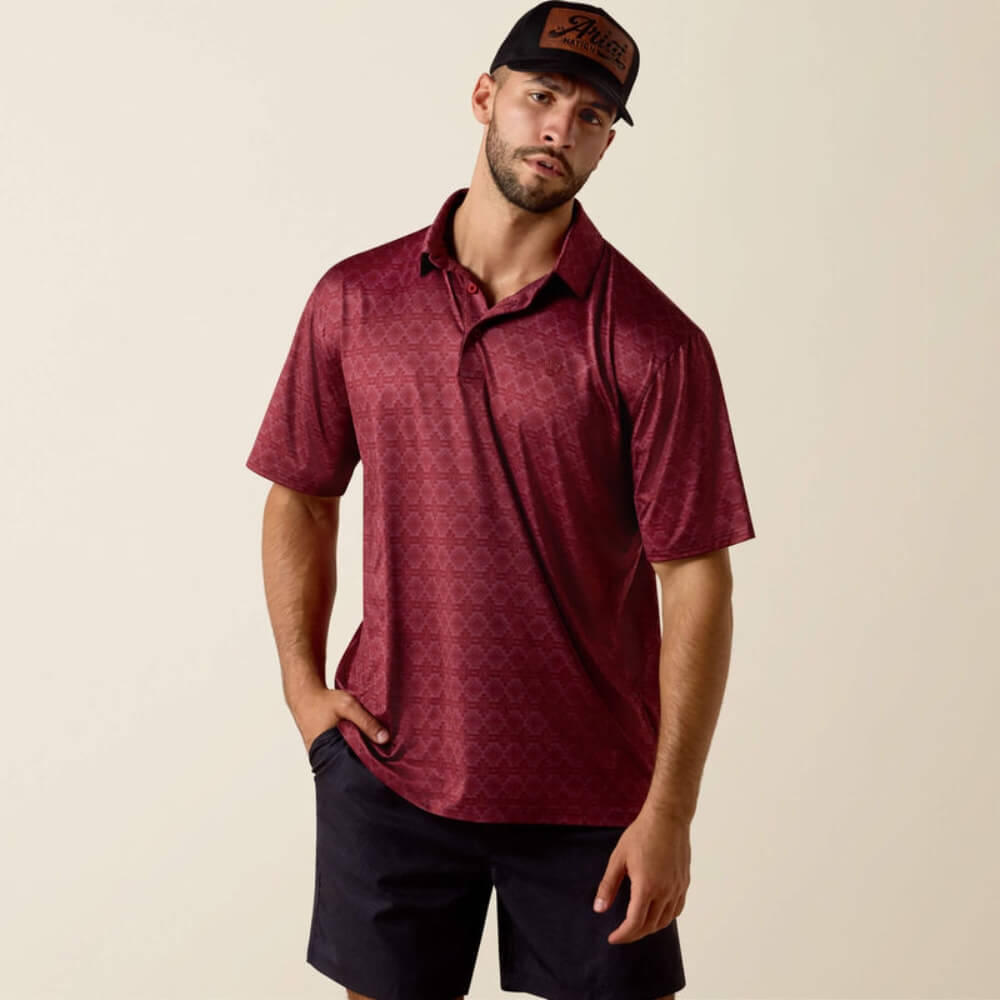 Ariat Mens All Over Print Heathered Classic Fit Polo Shirt Scarlet Heather - 10073584