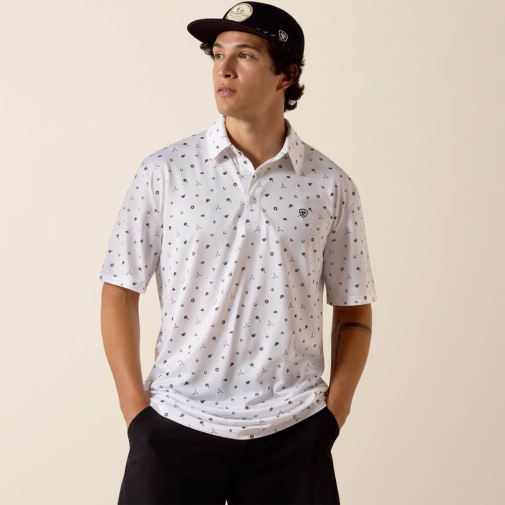 Ariat Mens All Over Print Polo Shirt White - 10073470