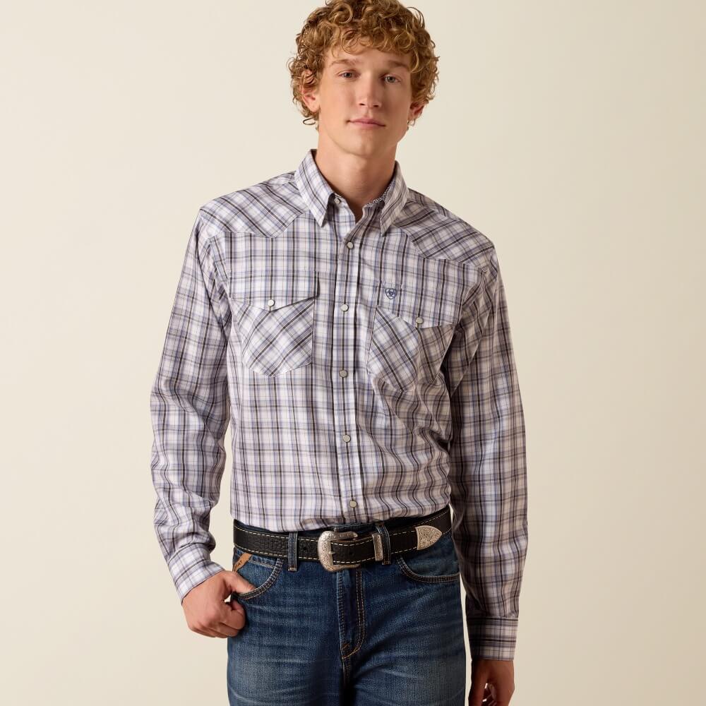 Ariat Mens Dash Long Sleeve Snap Shirt White/Blue Multicolor - 10073659