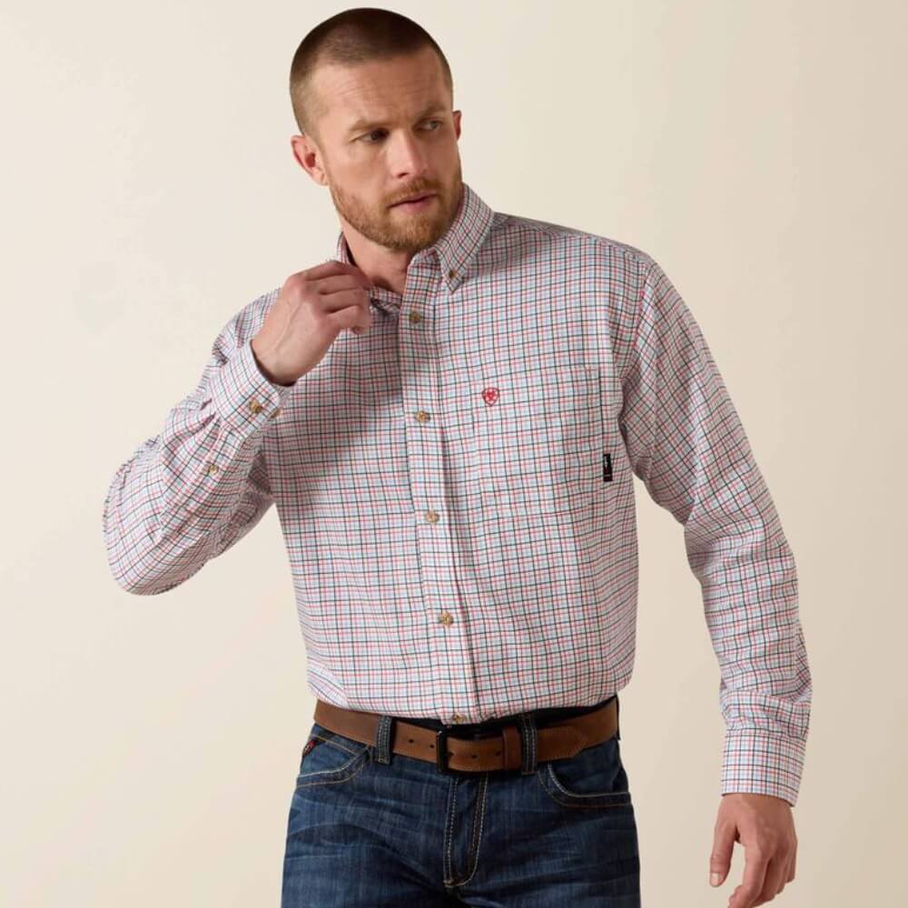 Ariat Mens FR Plaid Long Sleeve Flame Resistant Work Shirt White - 10014857