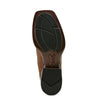 Close-up of a brown leather shoe sole with black tread pattern on a white background