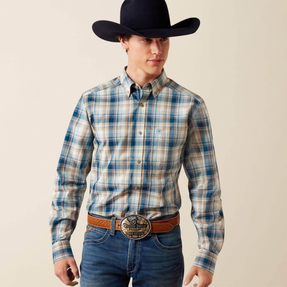 Ariat Mens Pro Series Wes Fitted Shirt Savannah Tan Medium Plaid - 10079432