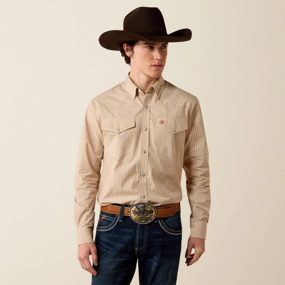 Ariat Mens Pro Series West Fitted Snap Shirt Beige - 10079582