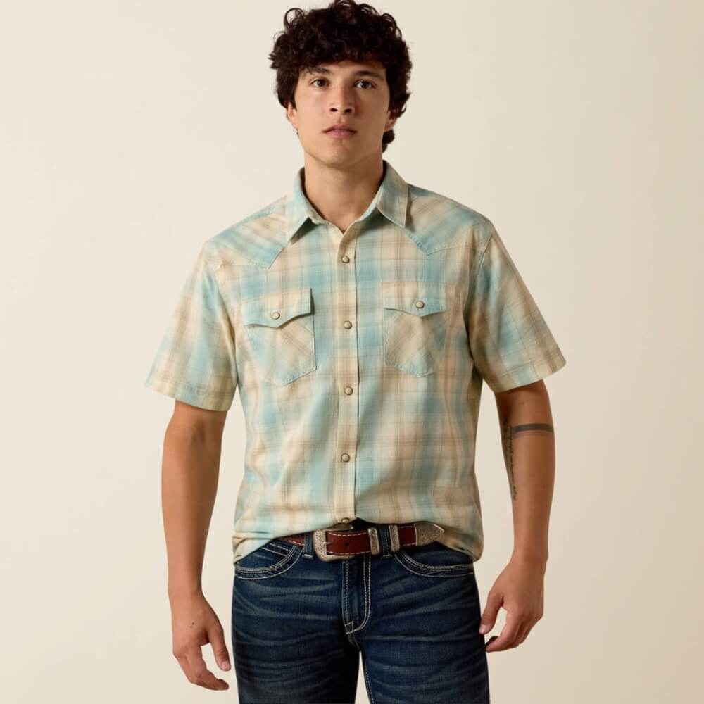 Ariat Mens Retro Hartman Fitted Snap Shirt Aquifer Plaid - 10073575