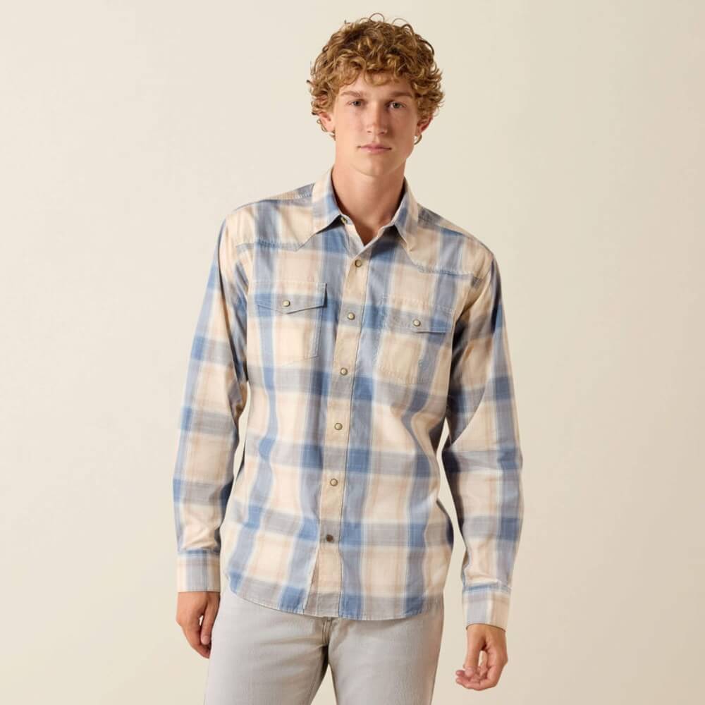 Ariat Mens Retro Horace Fitted Snap Shirt Sandshell Plaid - 10071619