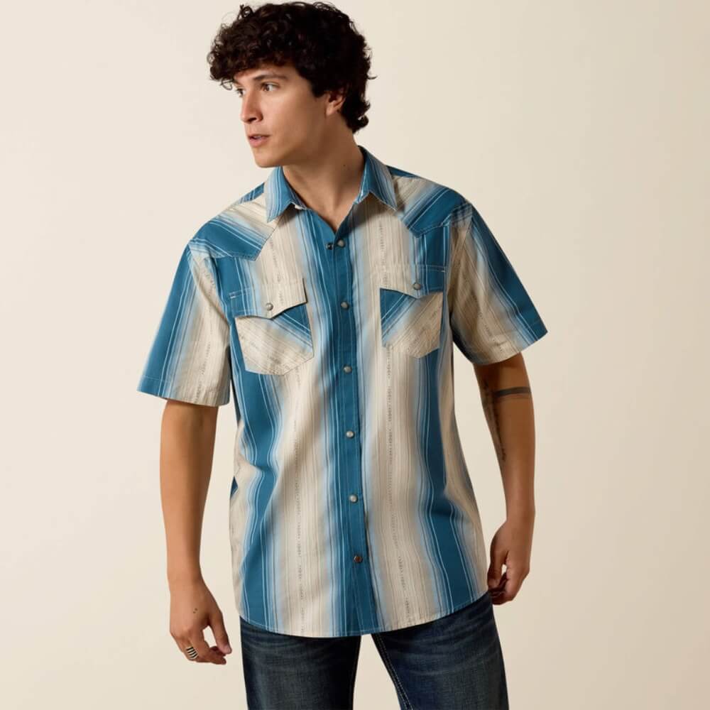 Ariat Mens Retro Hyland Fitted Snap Shirt Colonial Blue Stripe - 10073573