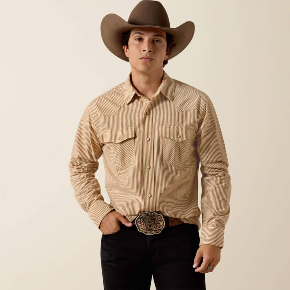 Ariat Mens Retro Hyman Fitted Snap Shirt Taupe Grey Stripe - 10073581