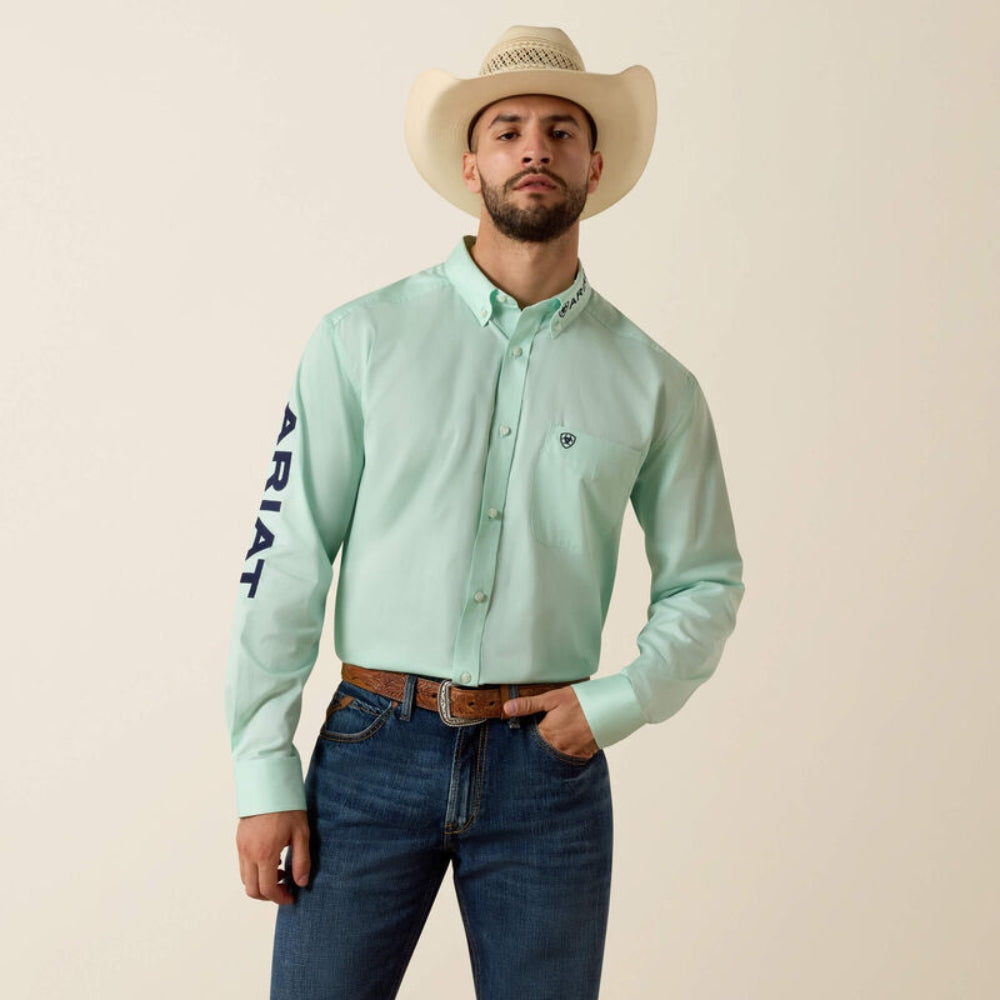 Ariat Mens Team Logo Lightweight Twill Classic Fit Shirt Dusty Aqua/Navy - 10073665