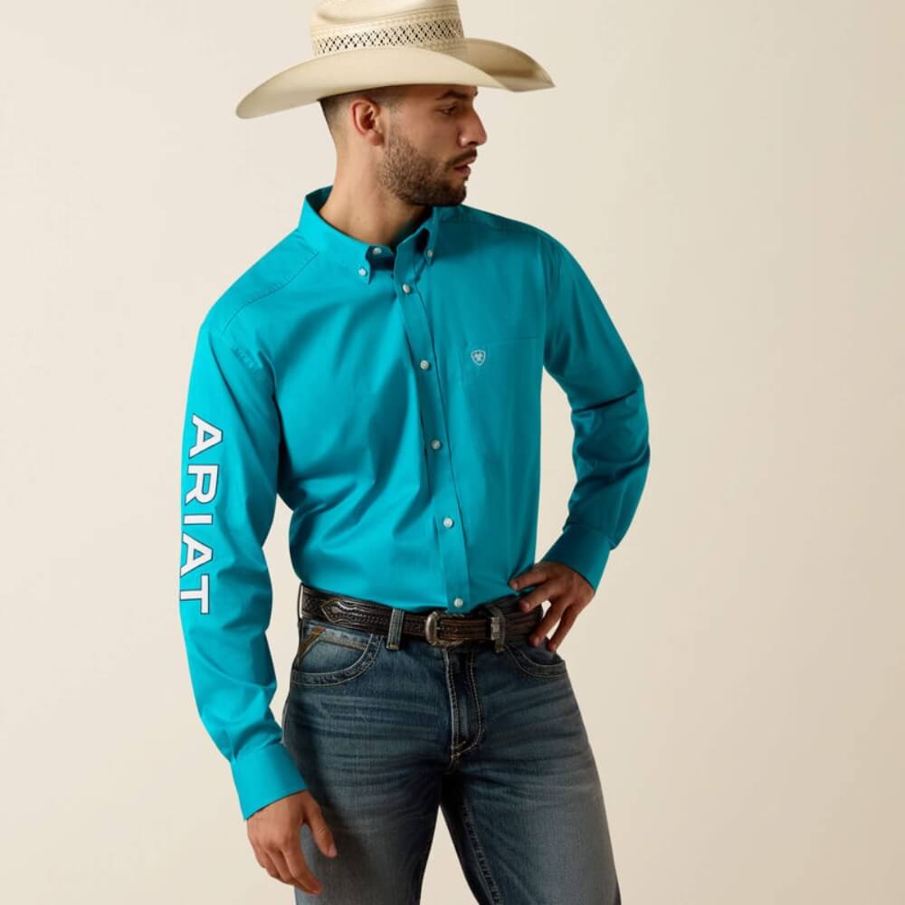 Ariat Mens Team Logo Lightweight Twill Classic Fit Shirt Peacock Blue/White - 10073664