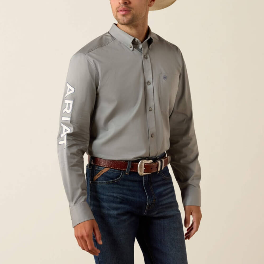 Ariat Mens Team Logo Lightweight Twill Fitted Shirt Grey/Khaki - 10071690