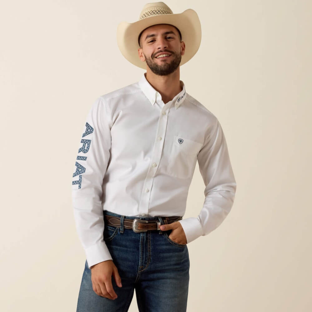 Ariat Mens Team Logo Lightweight Twill Fitted Shirt White/Blue - 10073652
