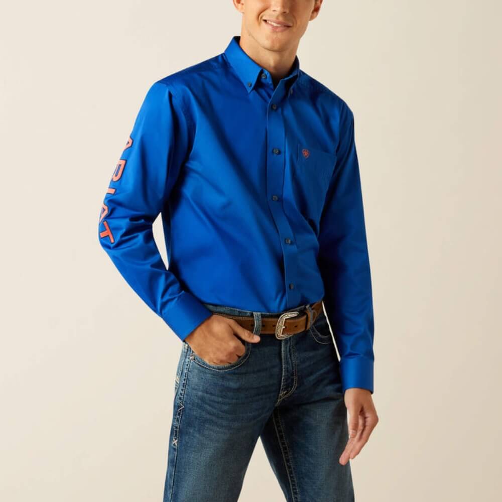 Ariat Mens Team Logo Twill Classic Fit Shirt Blue/Orange - 10059136