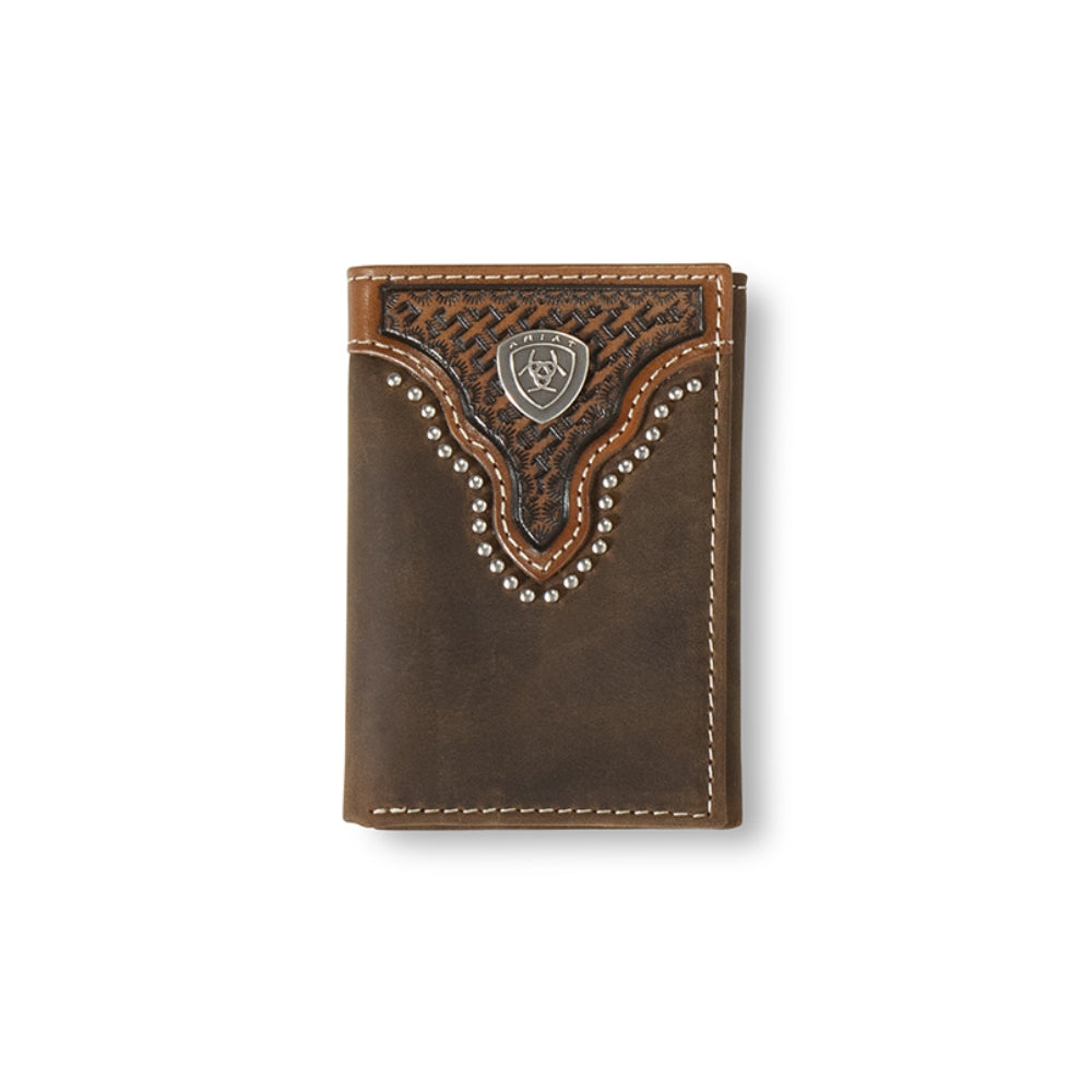 ARIAT Portafoglio Triplo In Pelle Southwest Intarsiato - Marrone - Autentico Stile Cowboy