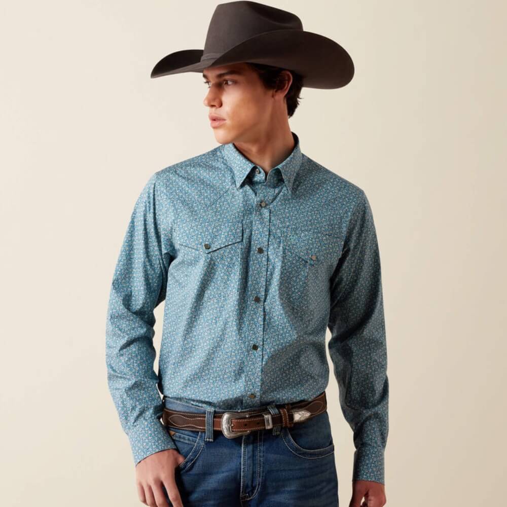 Ariat Mens Wrinkle Free Bram Fitted Snap Shirt Corsair Blue Floral - 10079659