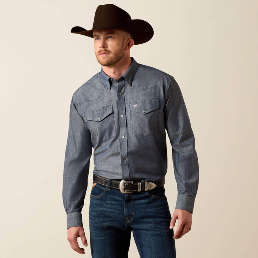 Ariat Mens Wrinkle Free Refined Slub Shirt Chambray Blue - 10073488