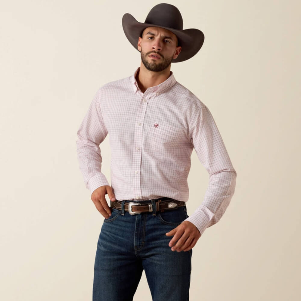 Ariat Mens Wrinkle Free Wenzel Fitted Shirt Barely Pink Plaid - 10073693