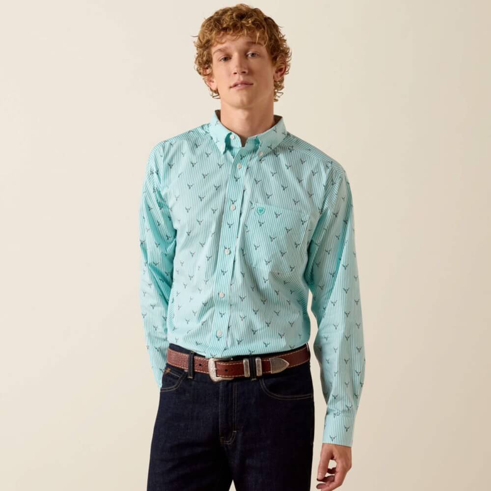 Ariat Mens Wrinkle Free Wilkes Classic Fit Shirt Blue Turquoise - 10073687