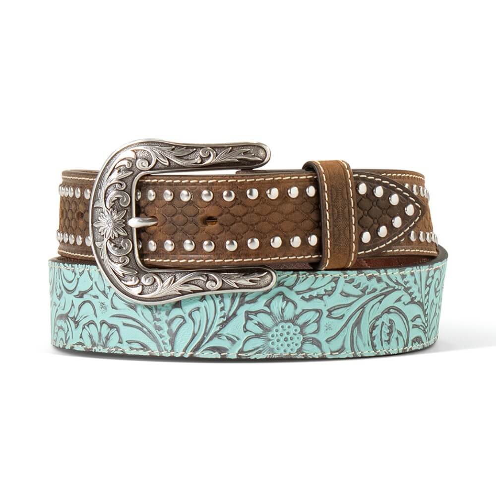 Ariat Womens Leather W/ Embossed Floral Design Belt Turquoise - A1566633