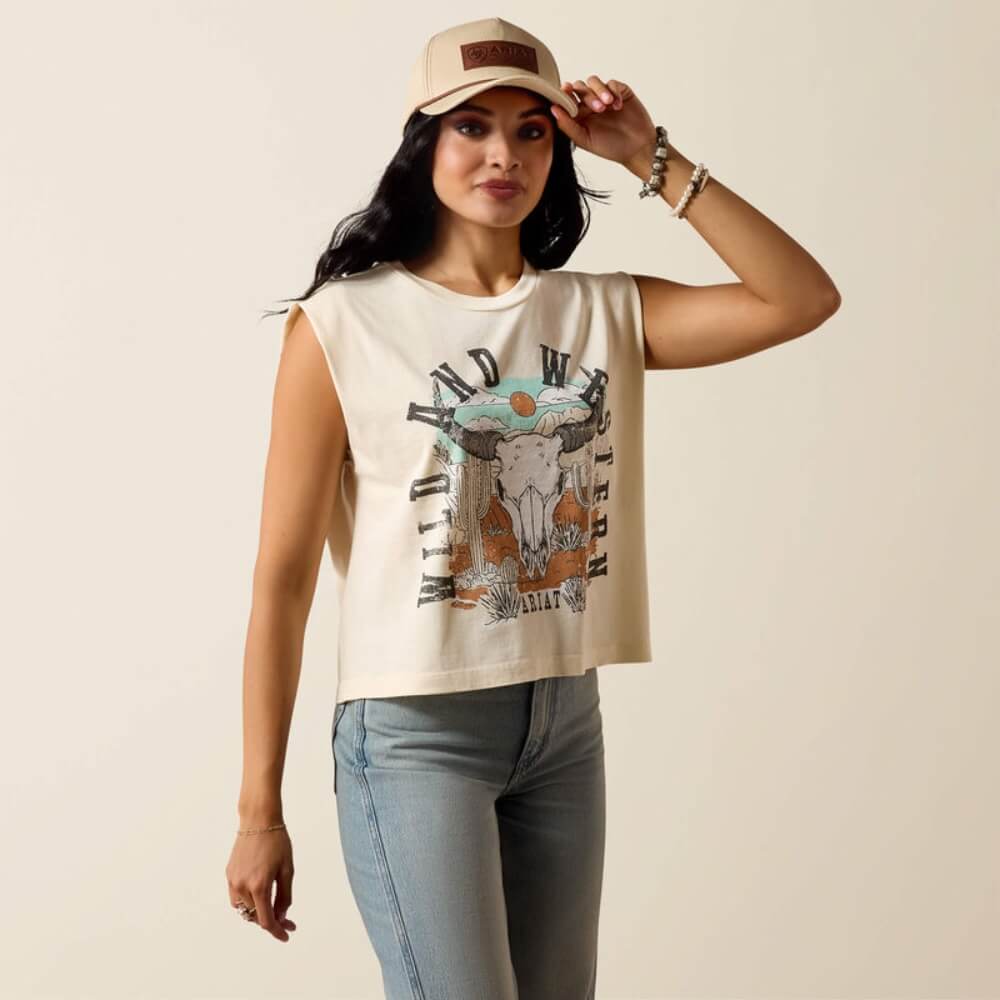 Ariat Womens Steer Skull Landscape T-Shirt Faded Ivory - 10078378