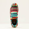 Colorful striped shoe with turquoise laces on a light background