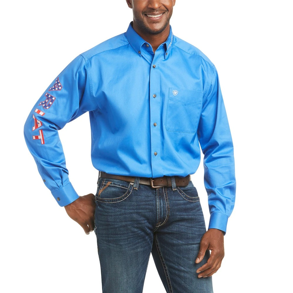 Ariat Mens Team Logo USA Flag Blue Long Sleeve Shirt