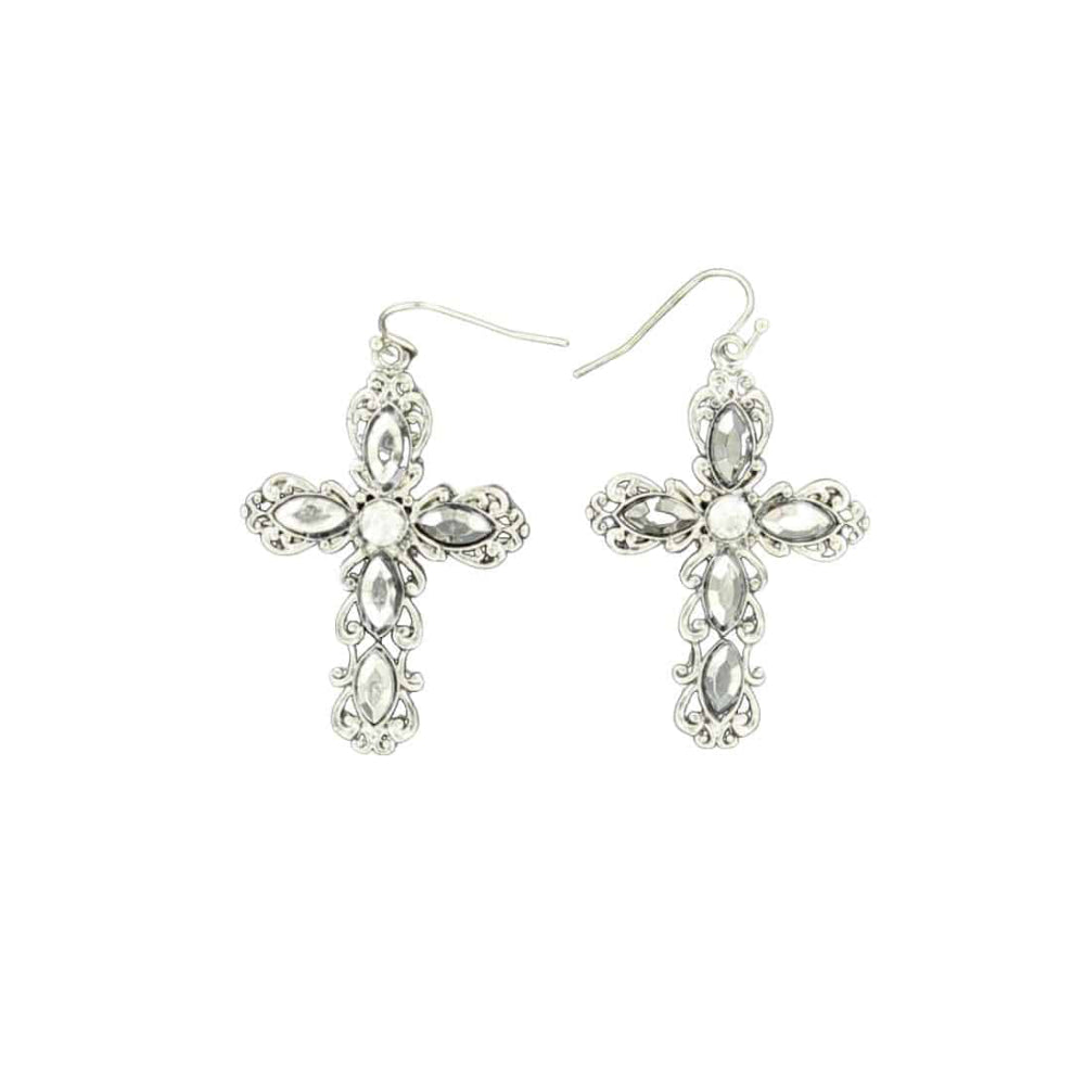 Blazin Roxx Womens Ornate Crystal Cross Silver Earrings