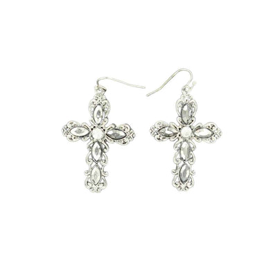 Blazin Roxx Womens Ornate Crystal Cross Silver Earrings - 29685