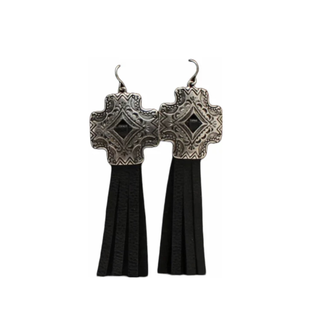 Blazin Roxx Womens Silver Cross Concho Leather Tassel Earrings - 30441