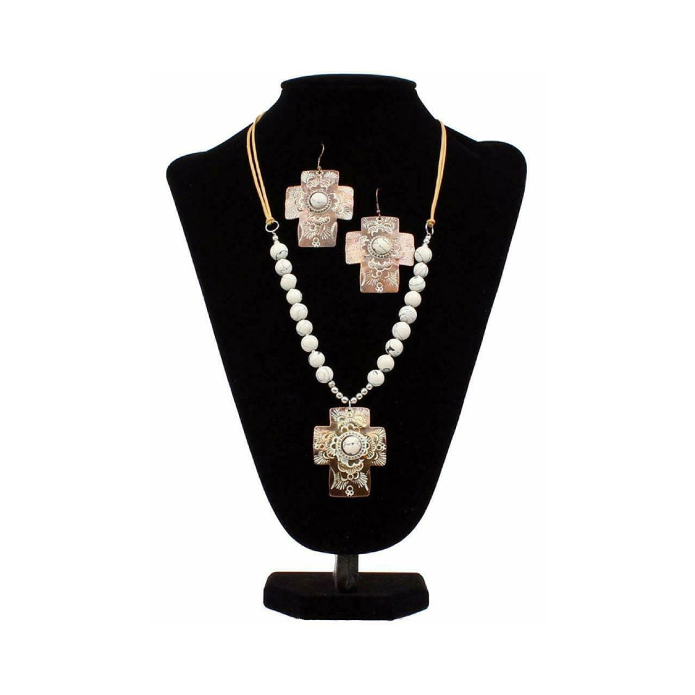 Blazin Roxx Womens White Etched Chocolate Cross Beaded Jewelry Set - 29179