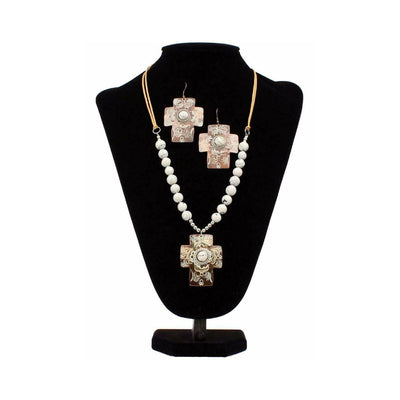 Blazin Roxx Womens White Etched Chocolate Cross Beaded Jewelry Set - 29179