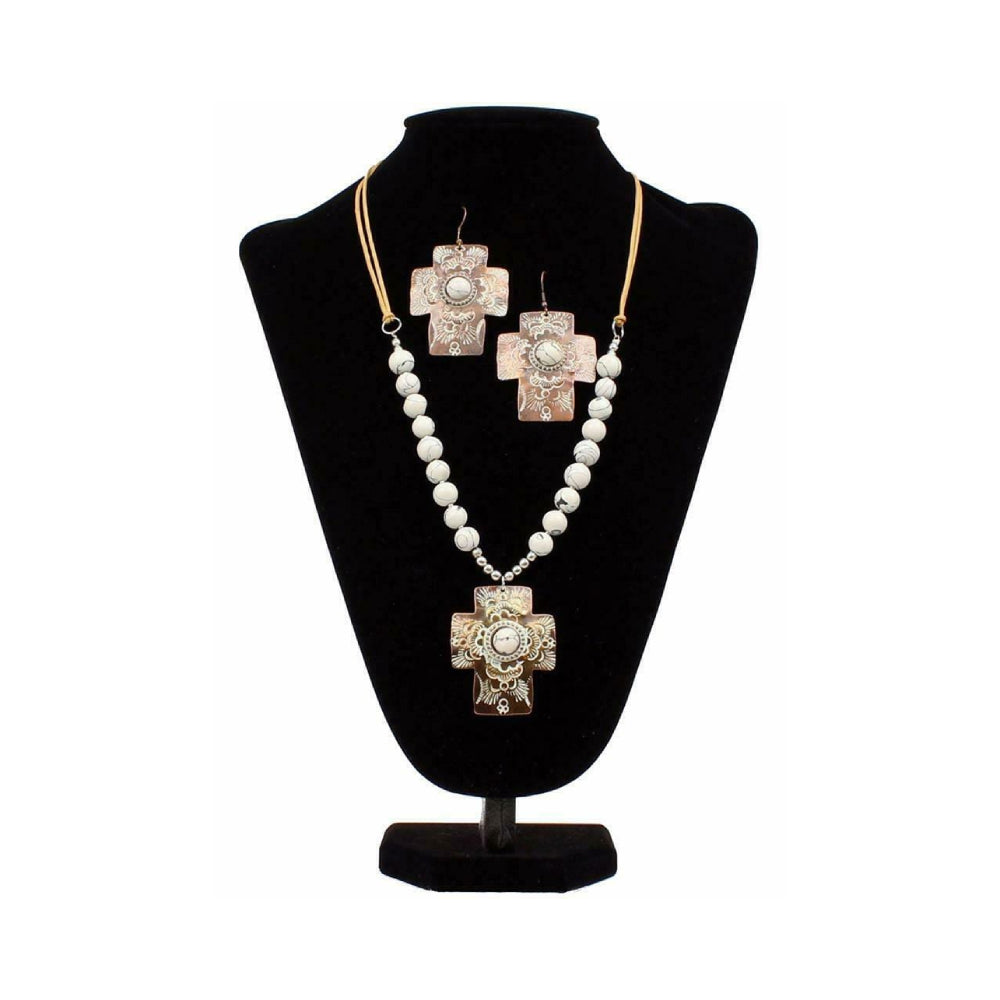 Blazin Roxx Womens White Etched Chocolate Cross Beaded Jewelry Set 
