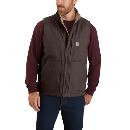Carhartt Mens Washed Duck Sherpa Lined Vest | Dark Brown