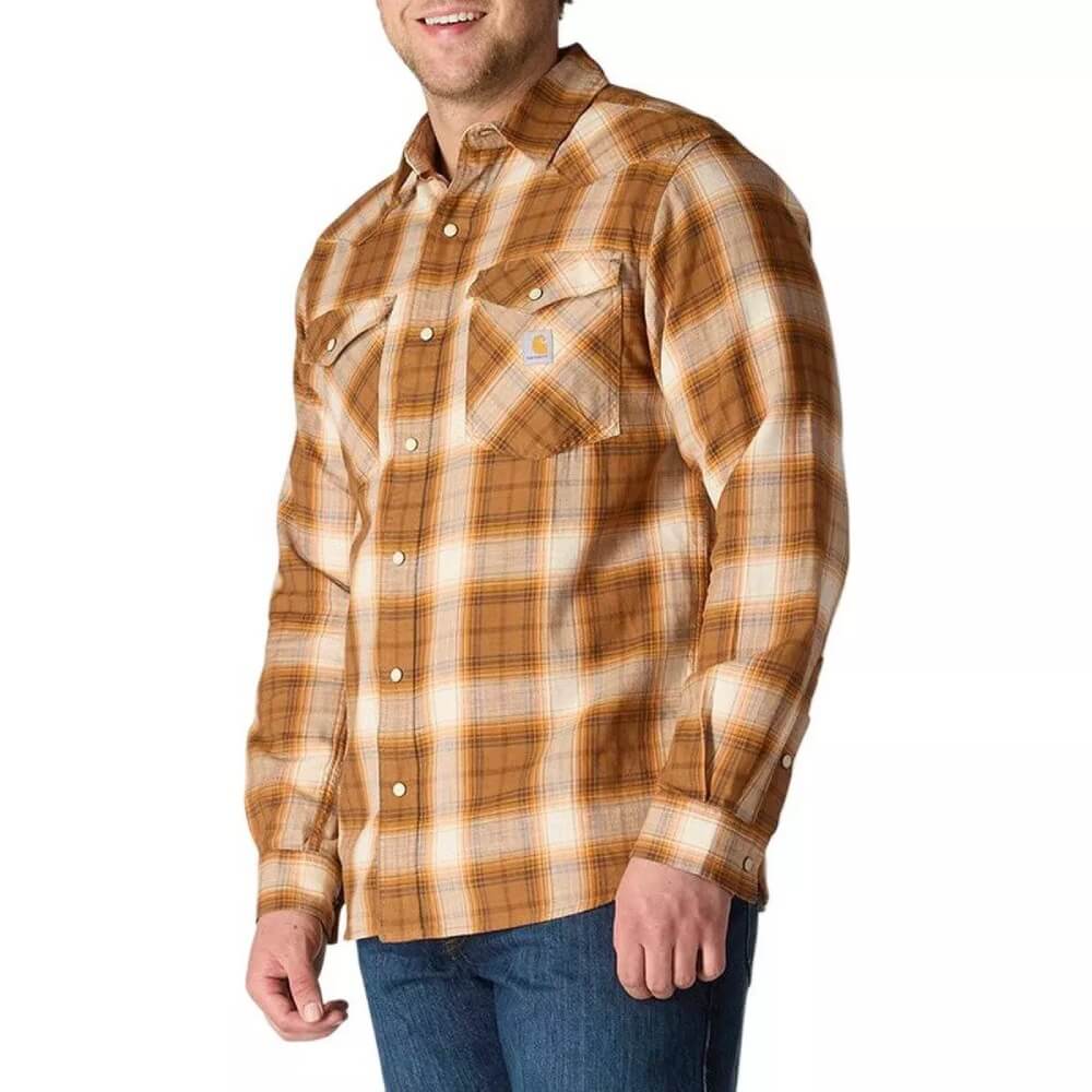 Carhartt Mens Montana Rugged Flex™ Snap-Front Plaid Shirt Brown - 107016-BRN