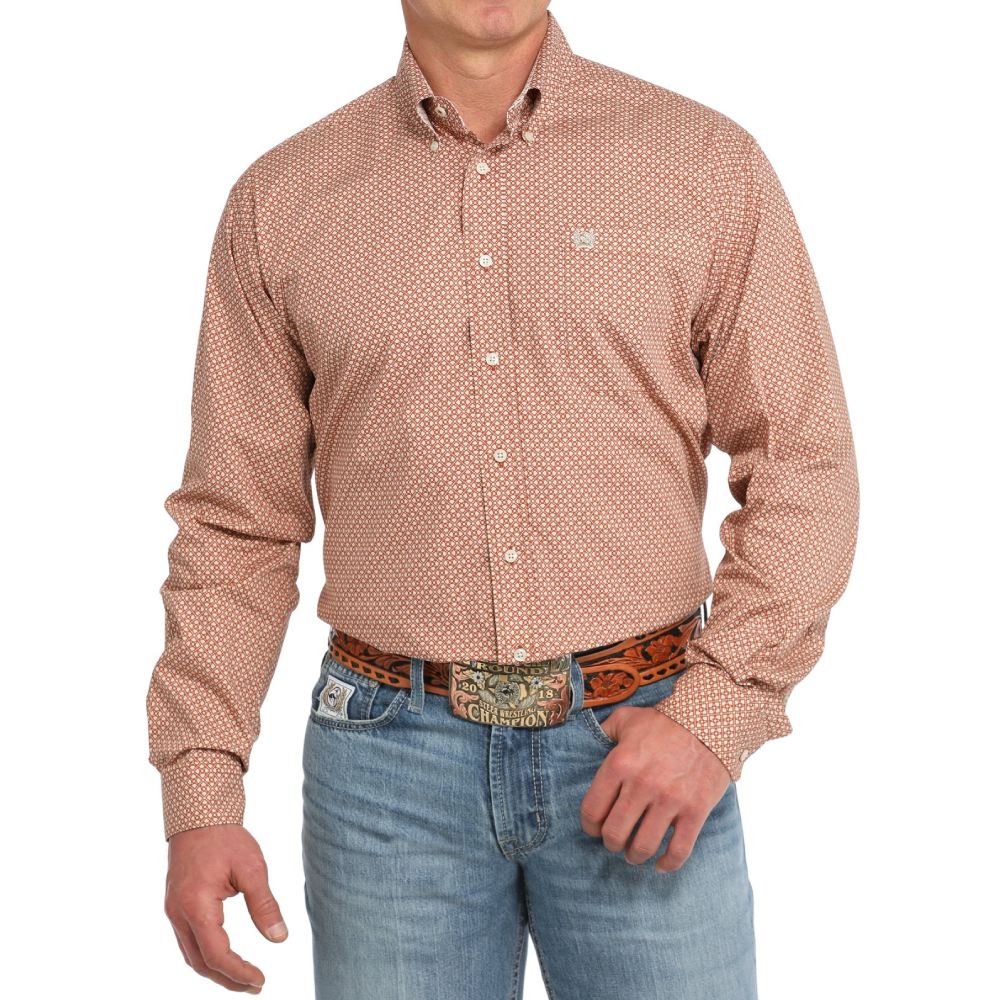 Cinch Mens Geometric Print Orange Shirt