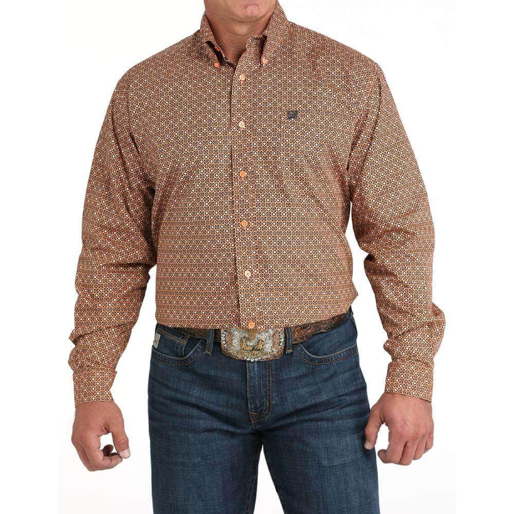Cinch Mens Geometric Print Shirt Coral - MTW1105962-COR