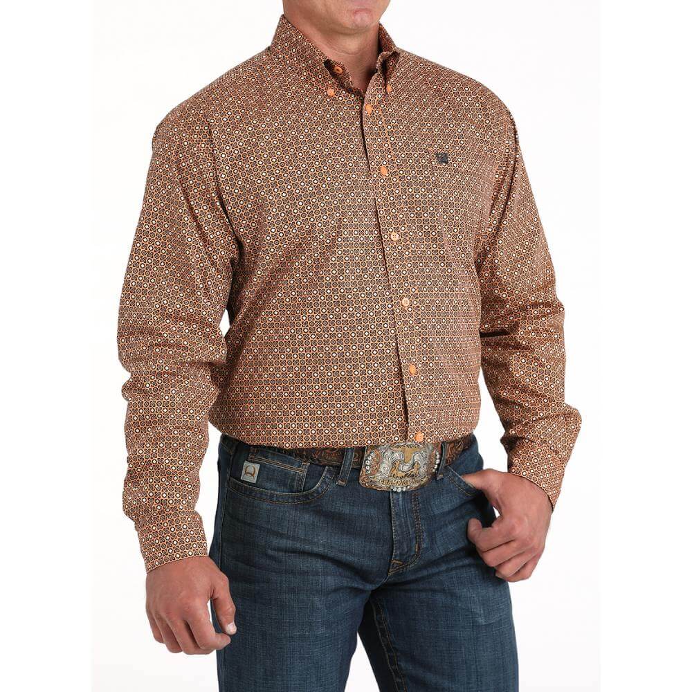Cinch Mens Geometric Print Shirt Coral - MTW1105962-COR