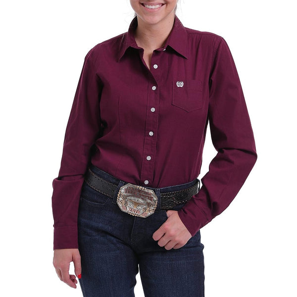 Cinch Women's Long Sleeve Solid Button Down Shirt - Burgundy