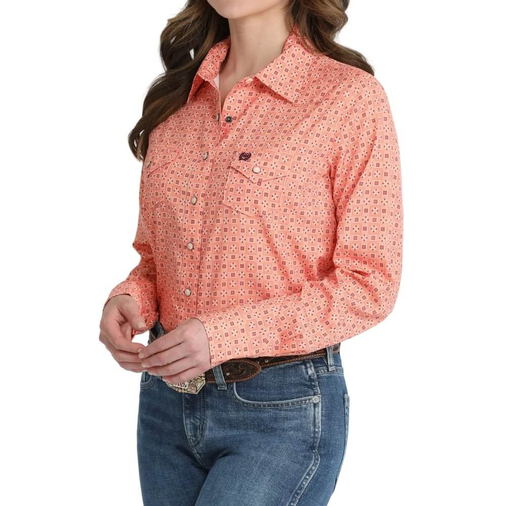 Cinch Womens Geometric Long Sleeve Shirt Coral - MSW9206007-COR