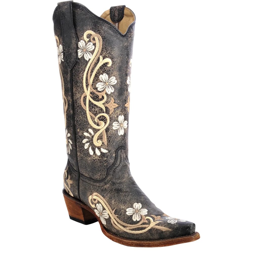 Circle G Corral Womens Floral Cowboy Boots Distressed Black - L5175