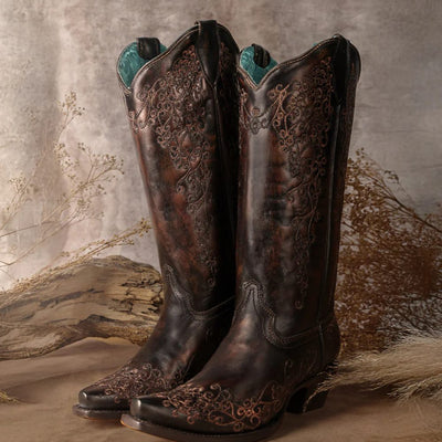 Corral Womens Western Floral Embroidery Cowboy Boots Black/Honey - A4801