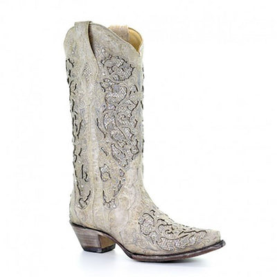 Corral Womens White Glitter Inlay And Crystals Western Wedding Boots - A3322