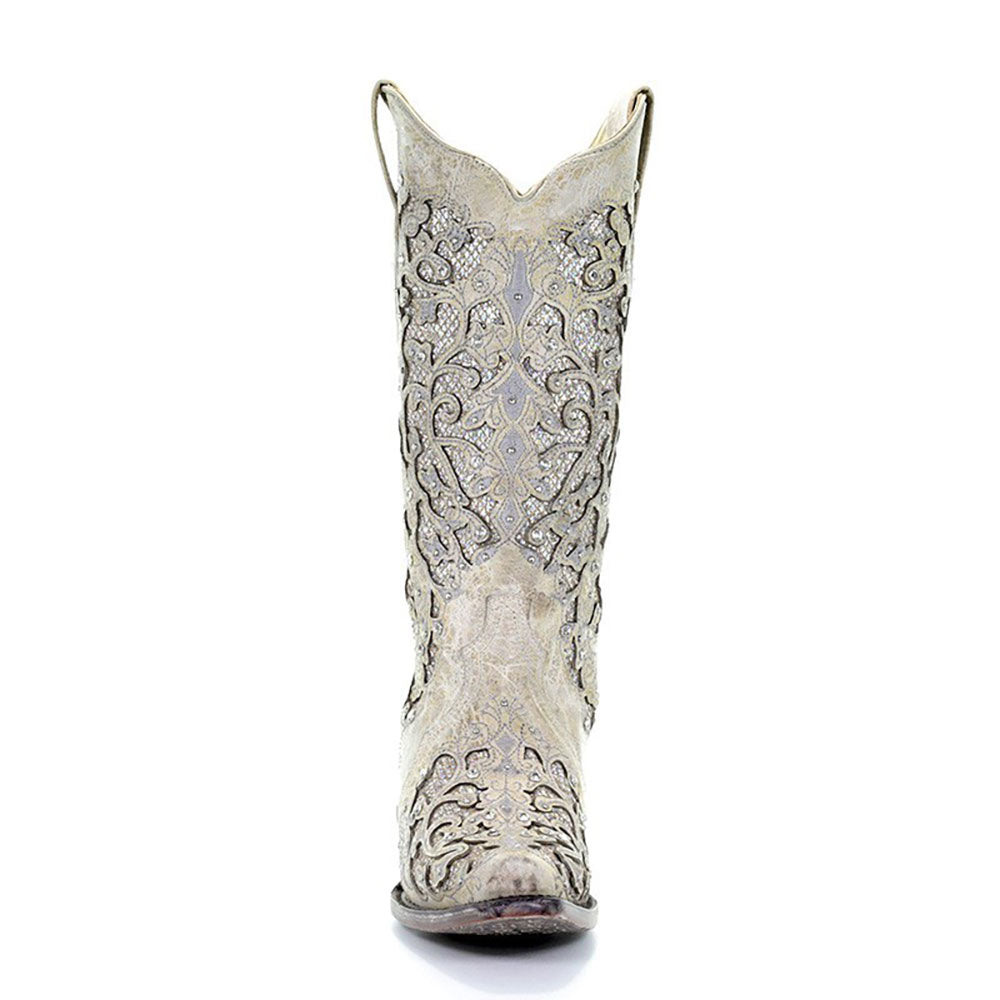 Corral Womens White Glitter Inlay And Crystals Western Wedding Boots - A3322