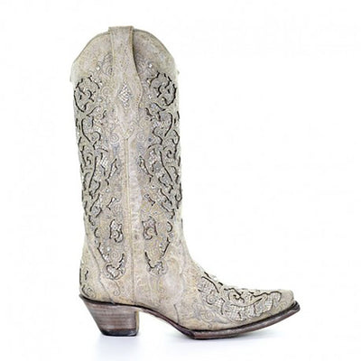 Corral Womens White Glitter Inlay And Crystals Western Wedding Boots - A3322